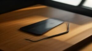 Smartphone Motorola com tela preta em cima de uma mesa de madeira.