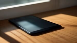 Smartphone Samsung com tela preta sobre uma mesa de madeira