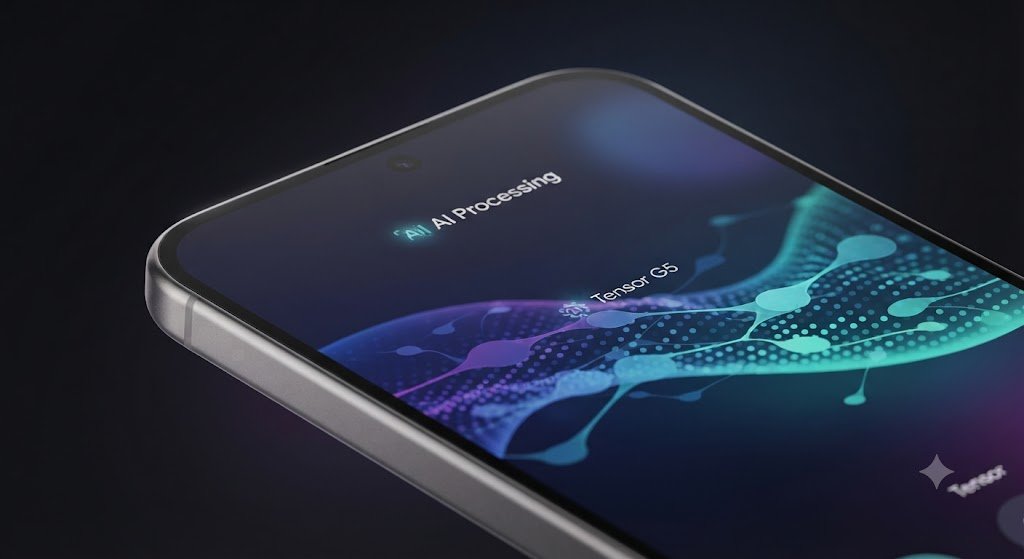 Detalhe da interface e tela OLED brilhante do Google Pixel 10 exibindo gráficos de IA