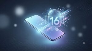 Ilustração conceitual futurista representando o Android 16, com um smartphone emitindo dados e luzes neon que formam o logo do Android e o número 16.