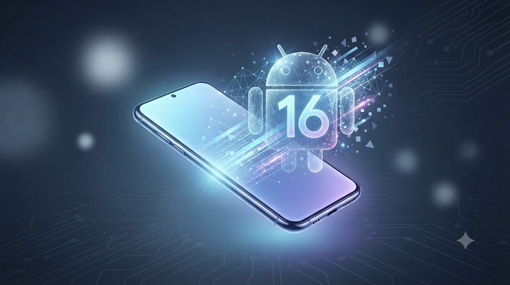 Ilustração conceitual futurista representando o Android 16, com um smartphone emitindo dados e luzes neon que formam o logo do Android e o número 16.