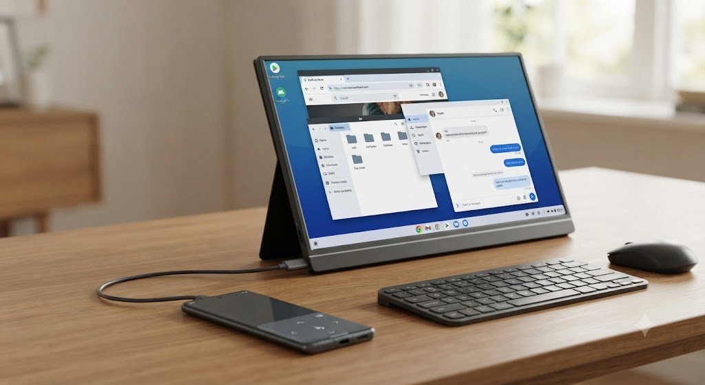 Smartphone Android 16 conectado a um monitor externo exibindo uma interface de área de trabalho (desktop) com janelas e barra de tarefas.
