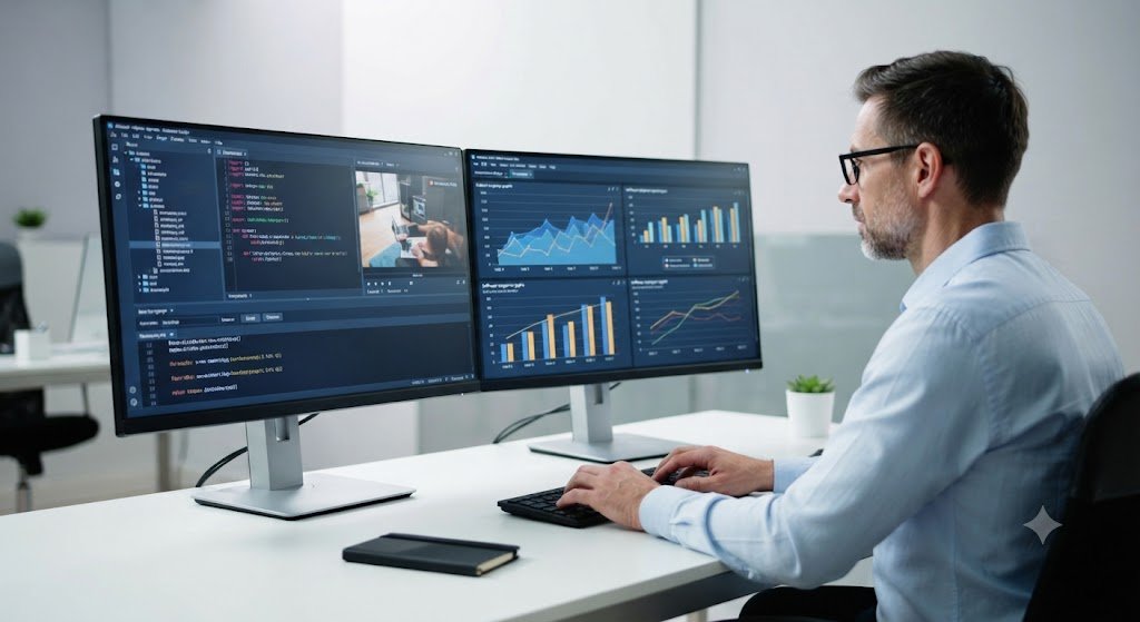 Profissional analisando tutoriais e comparativos de IA em monitores modernos