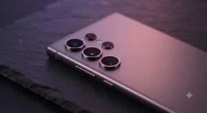 Smartphone Samsung Galaxy S26 Ultra prateado/titânio em superfície de ardósia escura com iluminação ambiente premium roxa e rosa