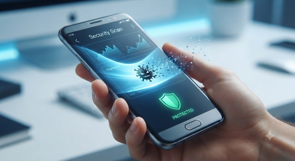 Close-up da tela de um smartphone Android sendo verificado por um sistema de segurança digital que dissolve um ícone de ameaça