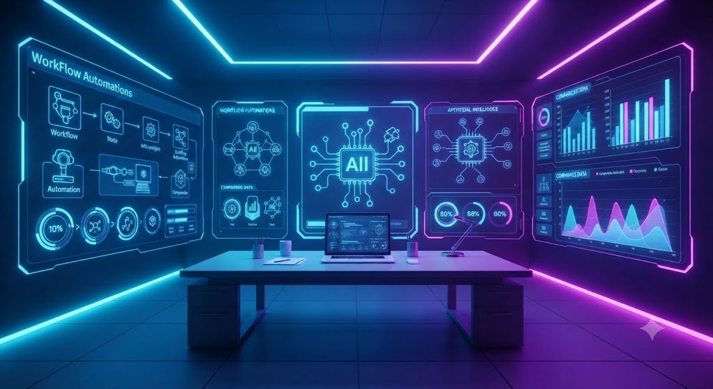 Tela futurista mostrando fluxos de automação e dados de inteligência artificial