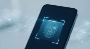Tela de smartphone exibindo escaneamento de reconhecimento facial para abertura de conta