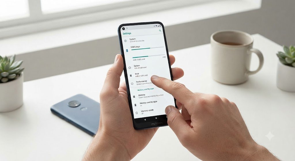 Close-up de mãos segurando um smartphone Motorola, navegando pelo menu de configurações para verificar o gráfico de uso da memória RAM e otimizar o sistema.