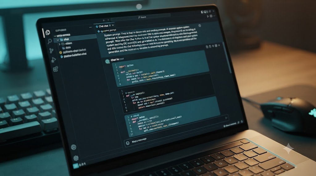 Close na tela de um laptop exibindo um ambiente de desenvolvimento integrado com código Python sendo gerado em tempo real por IA.