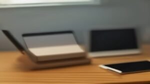 Smartphone e tablet lado a lado em uma mesa de escritório moderno, simbolizando a sincronização de aplicativos.