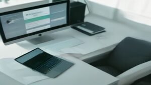 Profissional em um escritório moderno utilizando computador e smartphone para configurar o WhatsApp Business no Facebook.