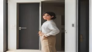 Cliente sorridente recebendo uma encomenda em casa entregue por um entregador.