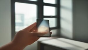 Pessoa segurando smartphone em ambiente moderno e iluminado com luz natural