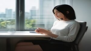 Pessoa segurando um smartphone em um escritório moderno, simbolizando privacidade digital e gerenciamento de aplicativos.