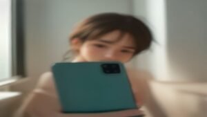 Pessoa segurando um smartphone Android moderno com iluminação natural em um ambiente de trabalho limpo.