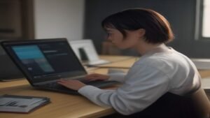 Profissional trabalhando no computador com interface de inteligência artificial em uma mesa de trabalho organizada.