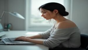 Pessoa em um escritório moderno usando um laptop para acessar a tela de configurações de aplicativo.