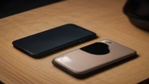 Dois smartphones topo de linha dispostos lado a lado em uma mesa de madeira para comparação de design e câmeras.