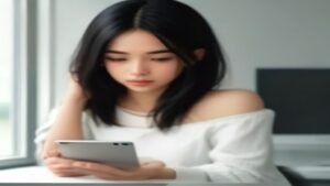Pessoa segurando um celular Android para visualizar e organizar conversas de mensagens em uma mesa de trabalho.