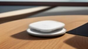 Smartphone moderno carregando por indução sem fio sobre uma base magnética elegante em uma mesa.