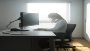 Profissional trabalhando em um computador com gráficos e métricas de desempenho em um escritório moderno.