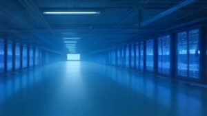 Data center de alta tecnologia com uma garrafa de água em primeiro plano, ilustrando o consumo hídrico da inteligência artificial.