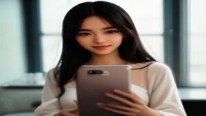Criador de conteúdo segurando um smartphone Samsung para tirar uma selfie de alta qualidade em um ambiente profissional.
