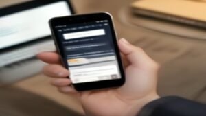 Pessoa segurando um smartphone conferindo detalhes de um produto em uma loja online para verificar a localização do vendedor.