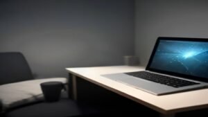 Pessoa utilizando um laptop em um escritório moderno, focando na produtividade e organização digital.