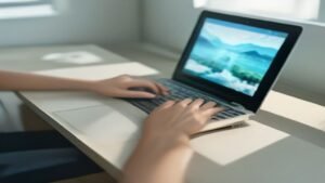 Pessoa utilizando laptop moderno para gerar imagens via inteligência artificial em um escritório iluminado.