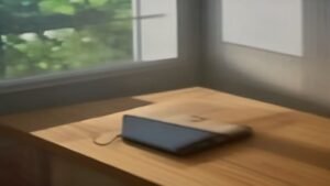 Smartphone moderno conectado a um cabo USB-C e carregador de tomada em uma mesa de trabalho limpa e iluminada.