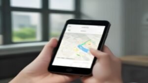 Pessoa segurando smartphone com aplicativo de rastreamento de entregas e um pacote de papelão ao fundo.