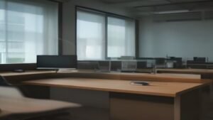 Estação de trabalho moderna com duas telas exibindo interfaces abstratas de inteligência artificial e código.