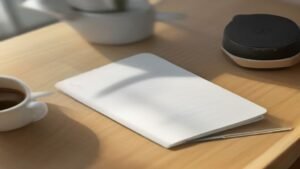 Smartphone moderno sendo carregado por indução em uma base sem fio sobre uma mesa de madeira.