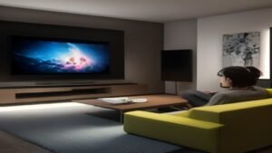 Pessoa em sala de estar aconchegante assistindo a um filme em uma Smart TV usando controle remoto.