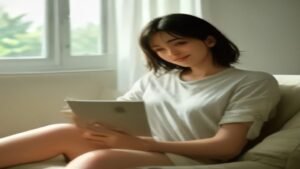 Pessoa sorridente segurando um smartphone em uma sala de estar moderna e bem iluminada.