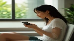 Pessoa segurando celular mostrando aplicativo financeiro em uma sala iluminada.