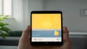 Pessoa segurando um smartphone Android com a tela acesa mostrando ícones de aplicativos em ambiente moderno e iluminado.