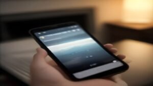 Pessoa segurando um smartphone para alterar configurações de assinatura em um ambiente doméstico.