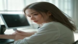 Pessoa focada trabalhando no computador em um ambiente de escritório moderno