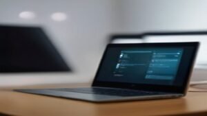 Laptop de alta performance exibindo interface de inteligência artificial em um escritório moderno.