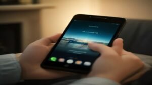 Pessoa segurando um smartphone para configurar o idioma do aplicativo de streaming em uma sala aconchegante