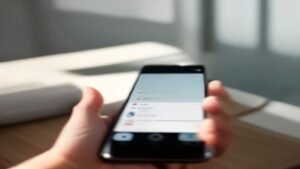 Smartphone mostrando a tela de alternância entre duas contas do WhatsApp em um ambiente profissional.