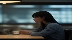 Pessoa utilizando smartphone em um café moderno com elementos digitais sugerindo conexões de rede social ao fundo.