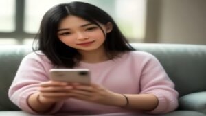 Pessoa segurando um smartphone moderno jogando um jogo leve de quebra-cabeça em ambiente doméstico.
