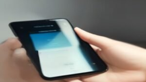 Smartphone moderno em mãos exibindo menu de atualizações de sistema em um ambiente de escritório.
