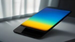 Smartphone moderno com tela AMOLED brilhante e bordas finas sobre superfície minimalista em iluminação natural de estúdio.